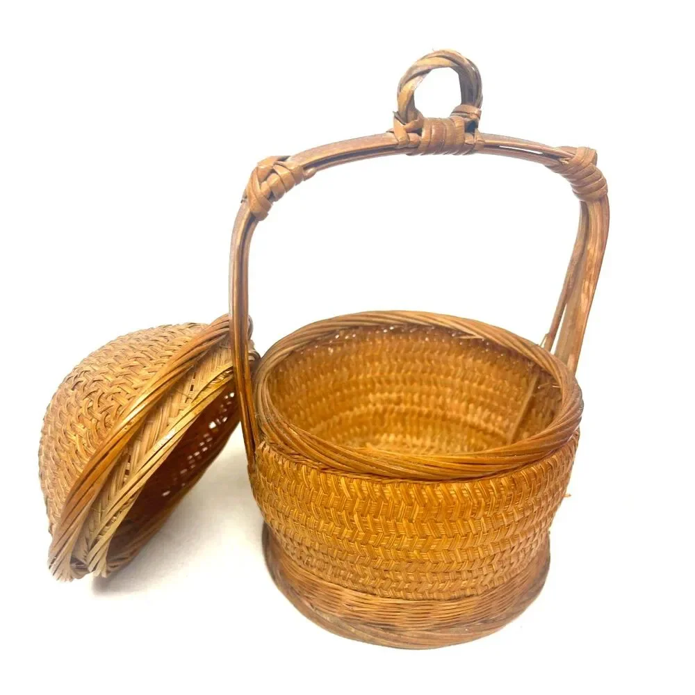 Miniature Vintage Wedding Basket Bamboo Wicker Woven Asian Chinese w/Lid Antique